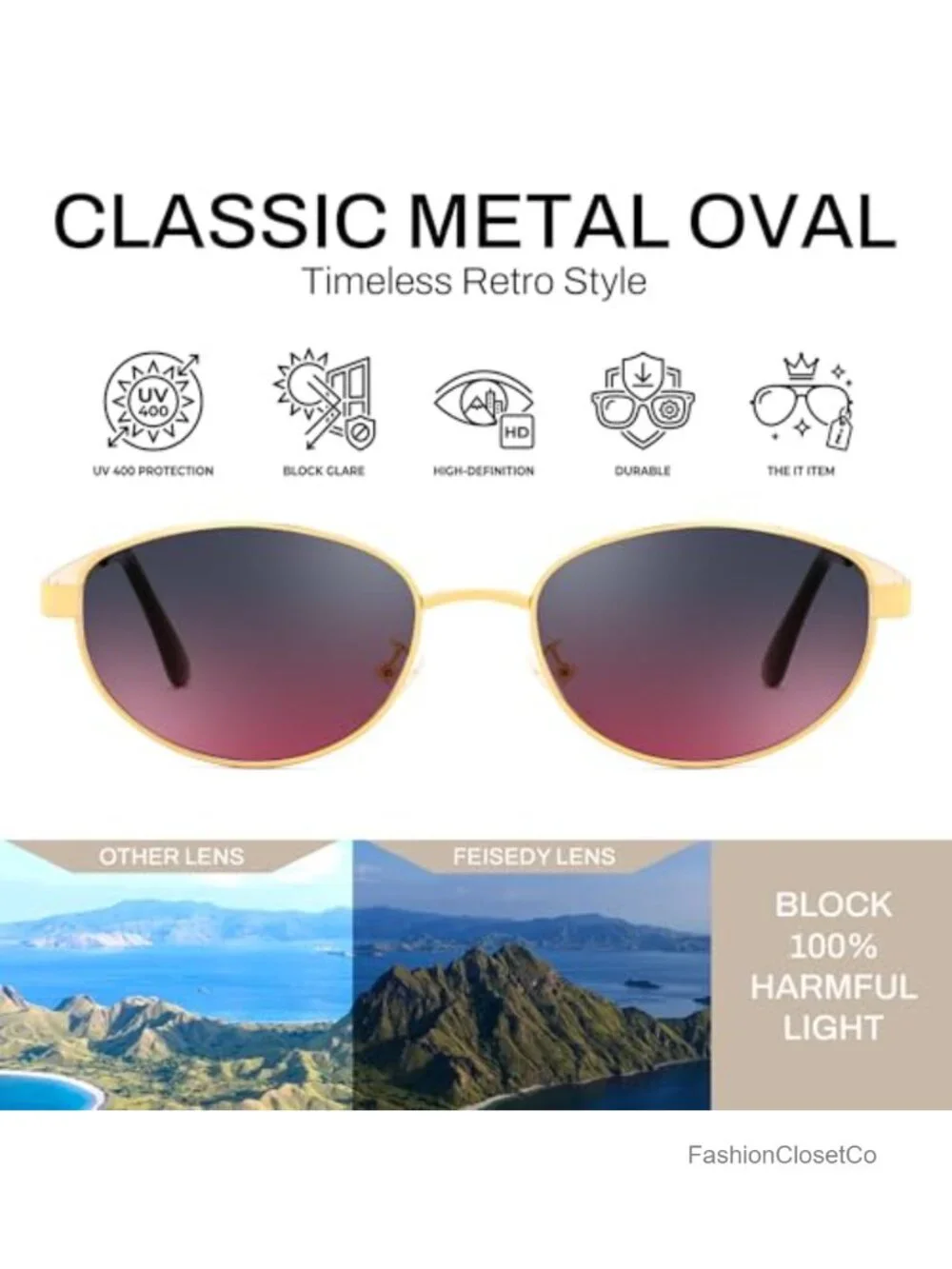 Vintage Oval Metal Sunglasses UV400 Protection Retro Driving Fishing Shades